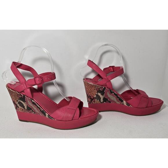 Cole Haan Paley Sz 9.5 Punch Pink Leather Snake Print Snakeskin Wedge Heels - Picture 5 of 10